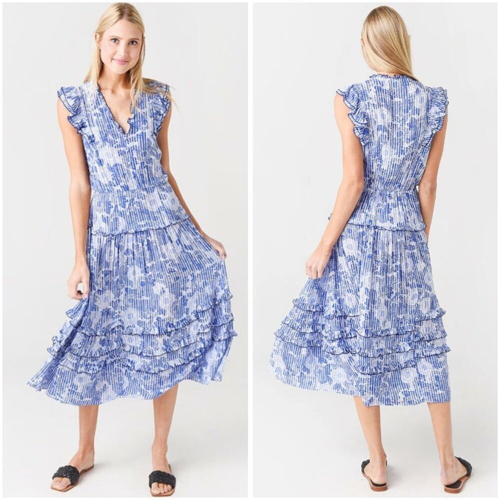 Poupette St Barth Blue Paulina Floral Midi Dress $318 - Picture 2 of 14